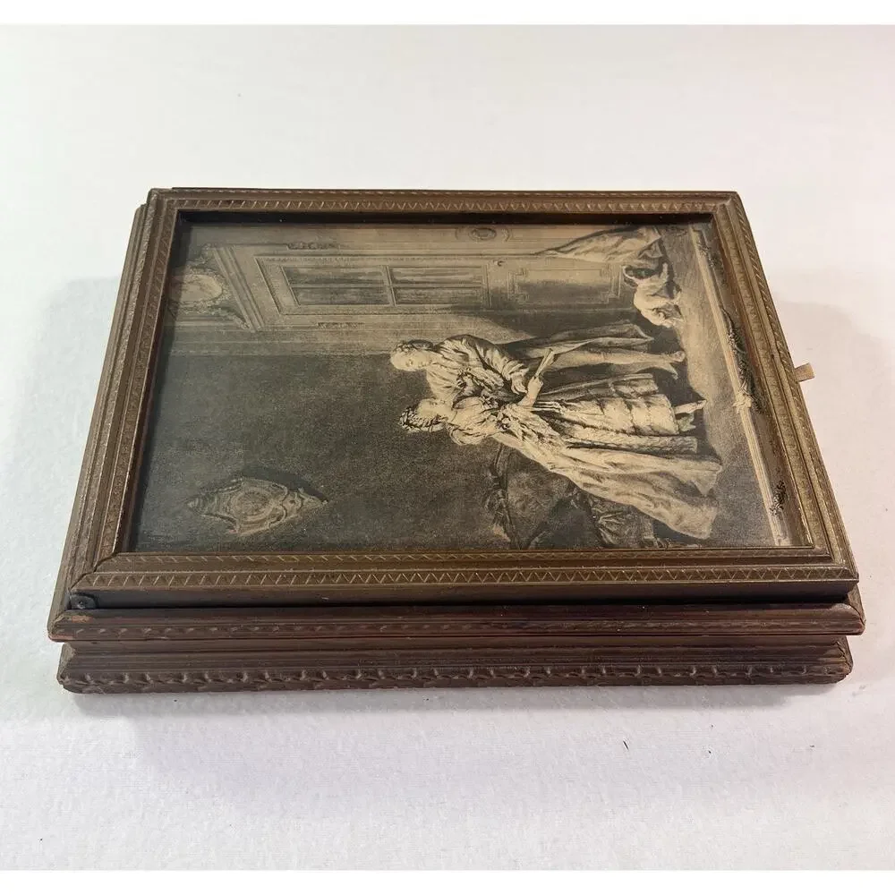 Antique Wooden Jewelry Box With Rococo Print
